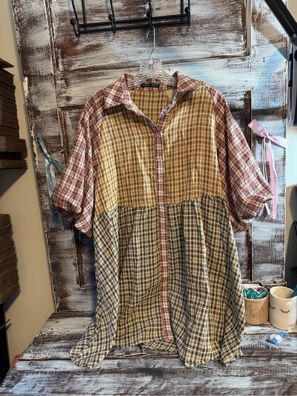 SHEIN Multi-Plaid Button-Up Tunic in Pink, Yellow, Brown